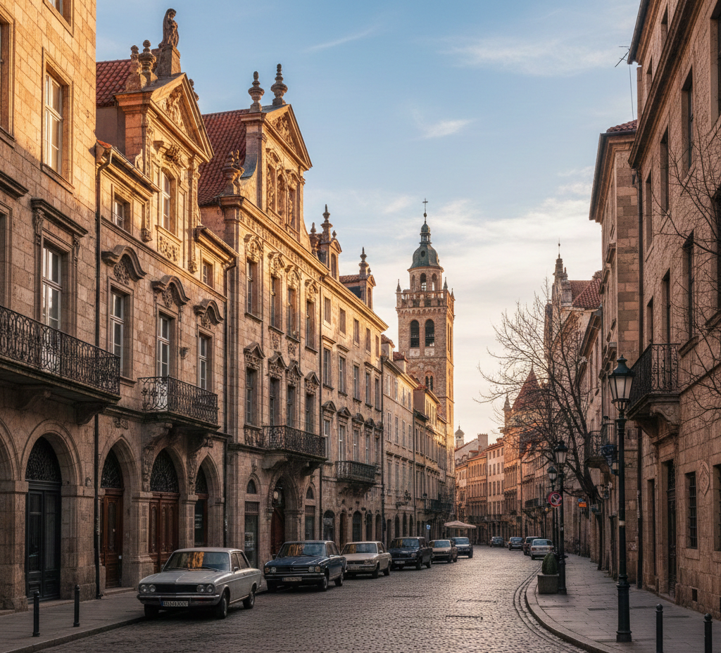 Vibrant city streets with modern architecture and cultural landmarks